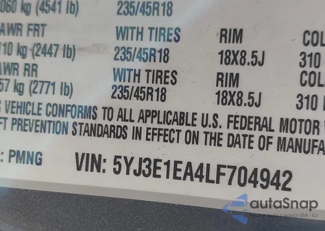2020 Tesla Model 3 Standard Range Plus Rear-Wheel Drive/Standard Range Rear-Wheel Drive from USA, damaged, VIN 5YJ3E1EA4LF704942